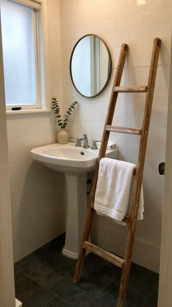 Repurposed Wooden Ladder Towel Rack