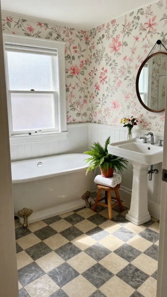 Floral + Checkerboard Bathroom