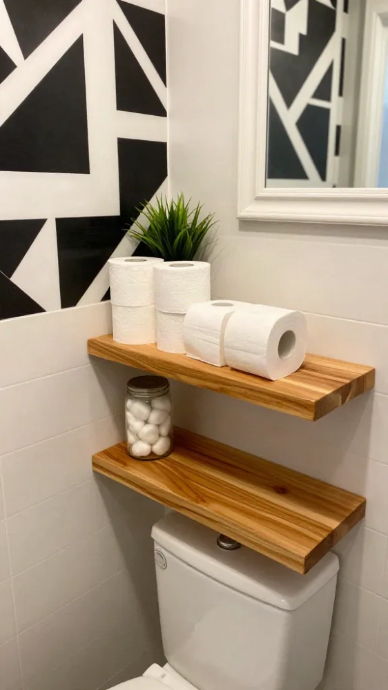 Floating Wood Shelves Over the Toilet