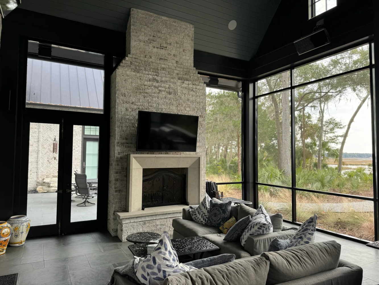 Outdoor Living Fireplace in Breezeway