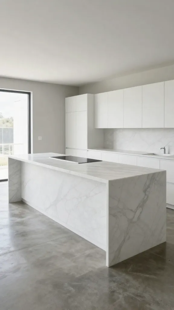 Minimalist Waterfall Islands in Modern Kitchens