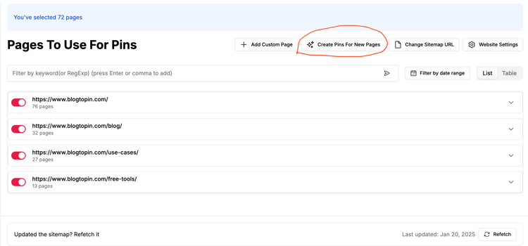 Create Pins For New Pages Button