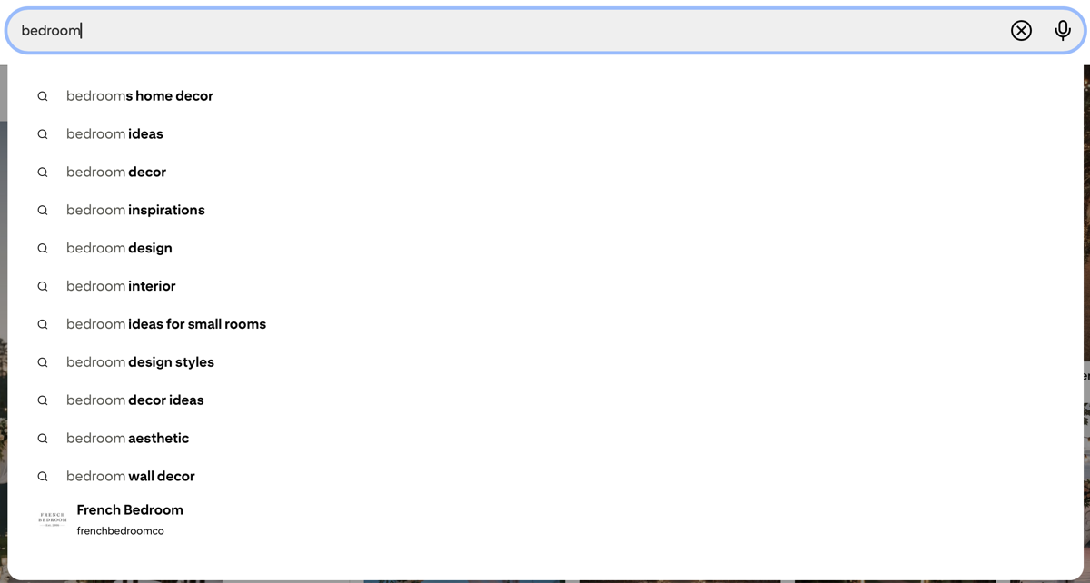 Pinterest autocomplete results for bedroom keyword